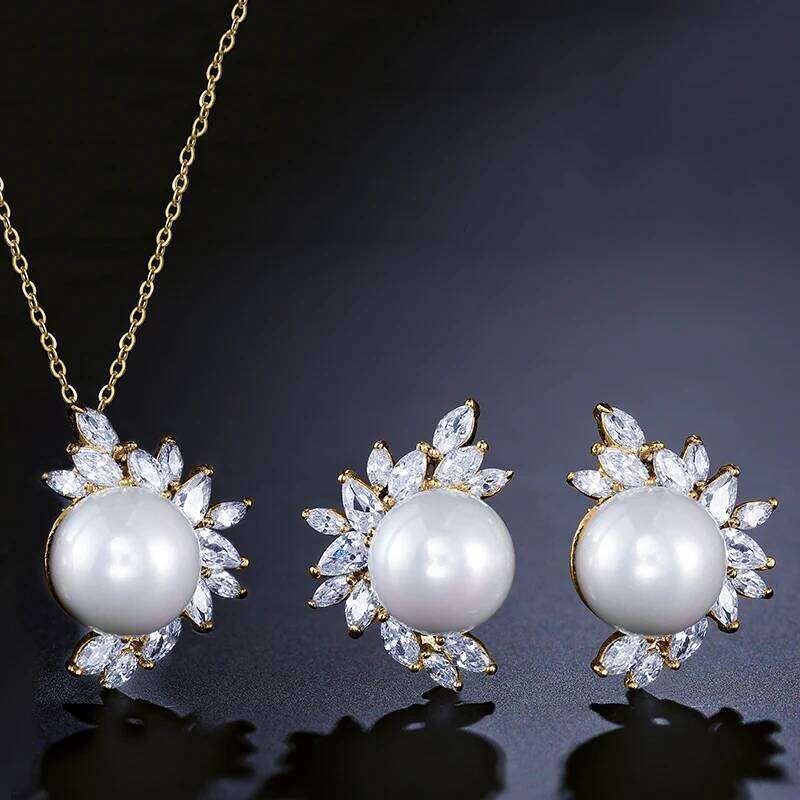 ZAKOL Simple White Smooth Imitation Pearl Earring Necklace Set for Women Shiny Zircon Crystal Wedding Party Jewelry
