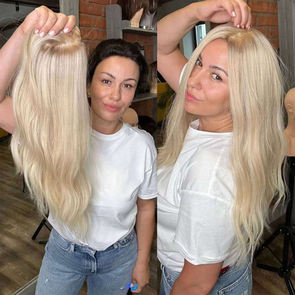 Base Topper Light Blonde Real Remy Human Hair Toupee Silk Top PU Around Full Hand Tied with Clips in for Women