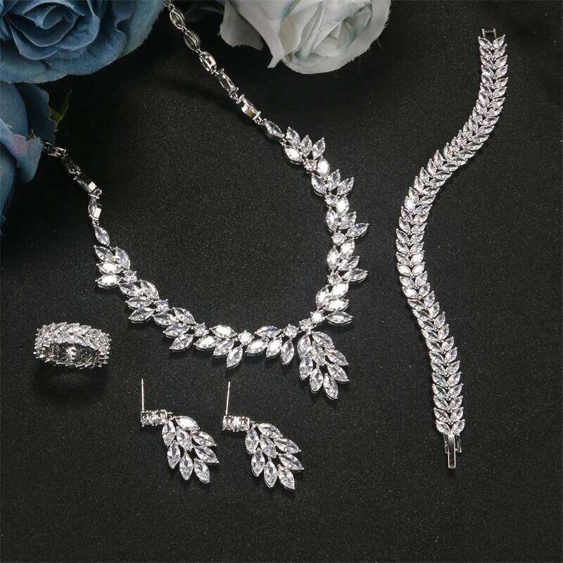 ZAKOL Brand Sliver Color AAA Zirconia Bridal Jewelry Sets Luxury Flower Leaf Clear Zircon Earring Necklaces for Women