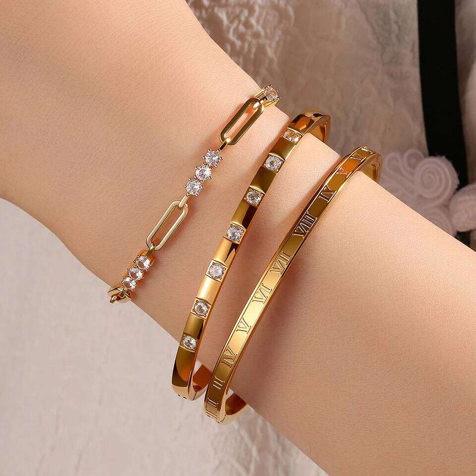 ZAKOL 3pcs Stainless Steel Bracelet Bangles Inlaid Round Zircon Shiny CZ Bracelets Daily Accessories for Women Men