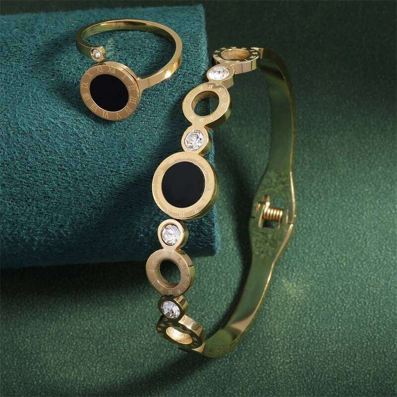 ZAKOL 2 Pcs Fashion Rings For Women Black Acrylic Roman Numeral Stainless Steel Couple Bracelet Jewelry Set Gift