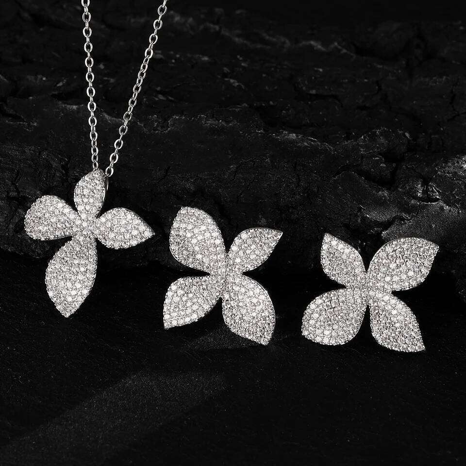 ZAKOL 2 Pcs Luxury Micro Paved AAA Zircon Four-leaf Flower Earring Necklace Set for Women Shiny Crystal CZ Wedding Jewelry