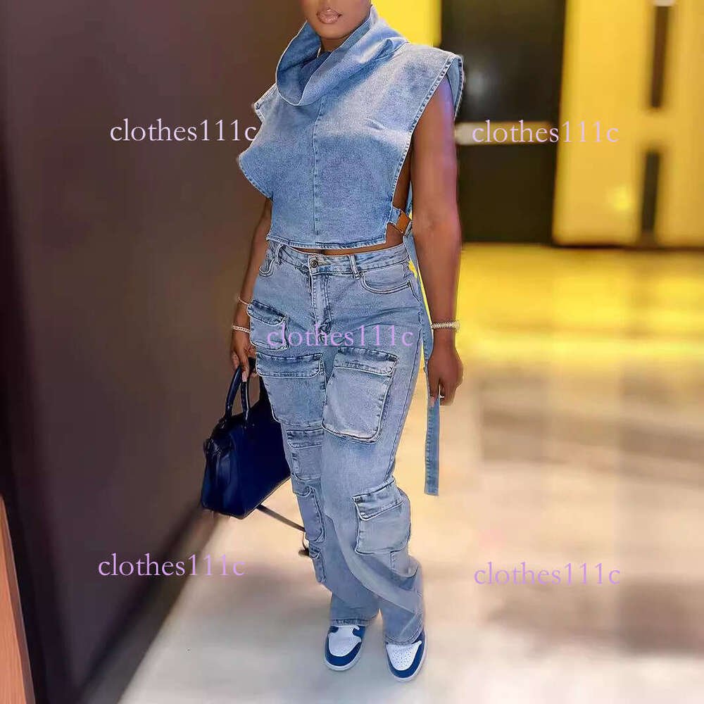 New European And American Women's Fashion Sexy Street Trendy Three-Dimensional Multi-Pocket Cargo Style High Elasticity Denim Straight-Leg Pants 