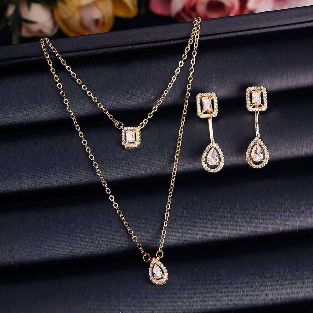 ZAKOL Classic Square Teardrop Shaped Zircon Double Pendant Necklace Earrings For Women Fashion Saudi Wedding Party Jewelry