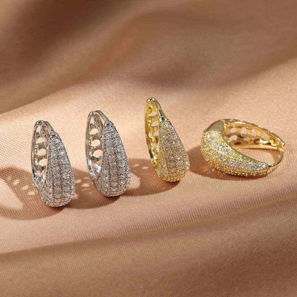 ZAKOL Gold Color Blue Turquoise CZ Chunky Water Drop Shape Hoop Earrings Shiny Clear Zircon Versatile Jewelry Gift