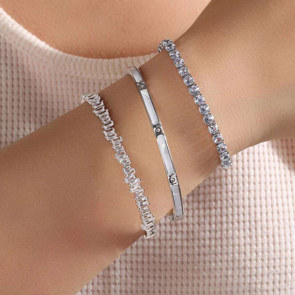 ZAKOL Three Pieces Copper Stainless Steel Stackable Bracelet Bangles for Women Shiny Geometric Zircon Wedding Party Jewelry