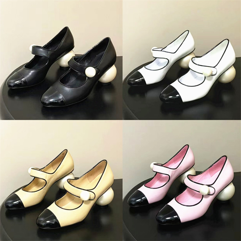 Summer Four Seasons New Mary Jane Shoes Women's Pearl Heels Thick Heels Color Matching Shallow Mouth Versatile Round Toe High Heels 7CM