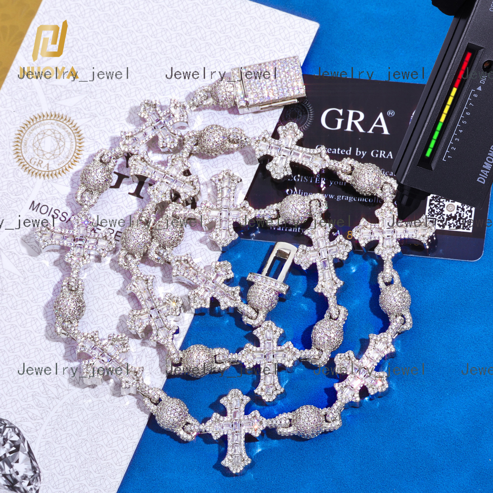 NUOYA Luxury Diamond Necklace 18mm Iced Out VVS Moissanite 925 Silver Round Bead Design Cross Link Chain Necklace Fine Jewelry