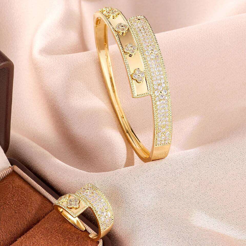 ZAKOL Gorgeous Full Shiny Zircon Hug Bracelet Ring Set for Women Colorful CZ Four-leaf Flower Wedding Party Jewelry
