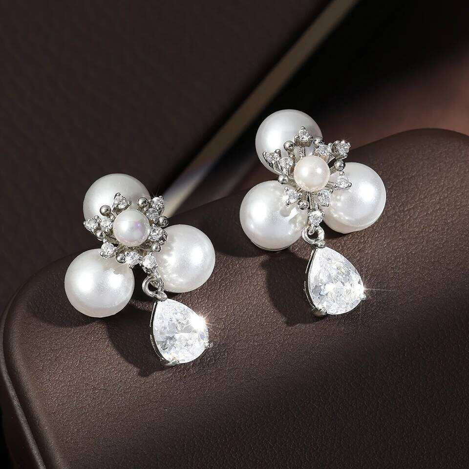 ZAKOL Classic Imitation Pearl Water Drop Zircon Flower Dangle for Women Elegant Bridal Earrings Wedding Jewelry