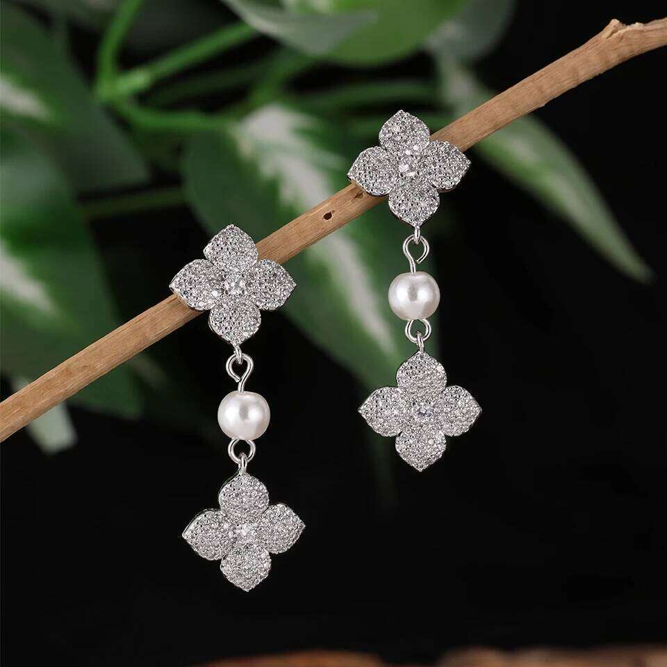 ZAKOL New Shiny Micropaved Zirconia Leaf Flower Drop Earring Imitation Pearl Glamor Bridal Earrings Women's Wedding Jewelry