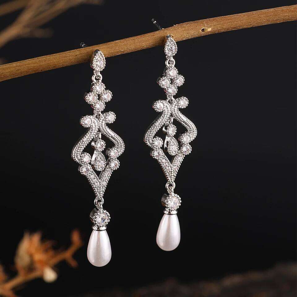 ZAKOL Elegant Simulated Pearl CZ Bridal Long Drop Earrings Fashion Engagement Wedding Jewelry Gifts for Women