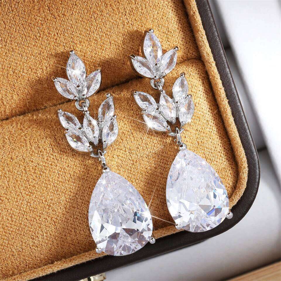 ZAKOL Classic Big Water Drop Leaf Zirconia Bridal Earrings for Women Elegant Shiny Crystal Zircon Wedding Patry Jewelry Gift