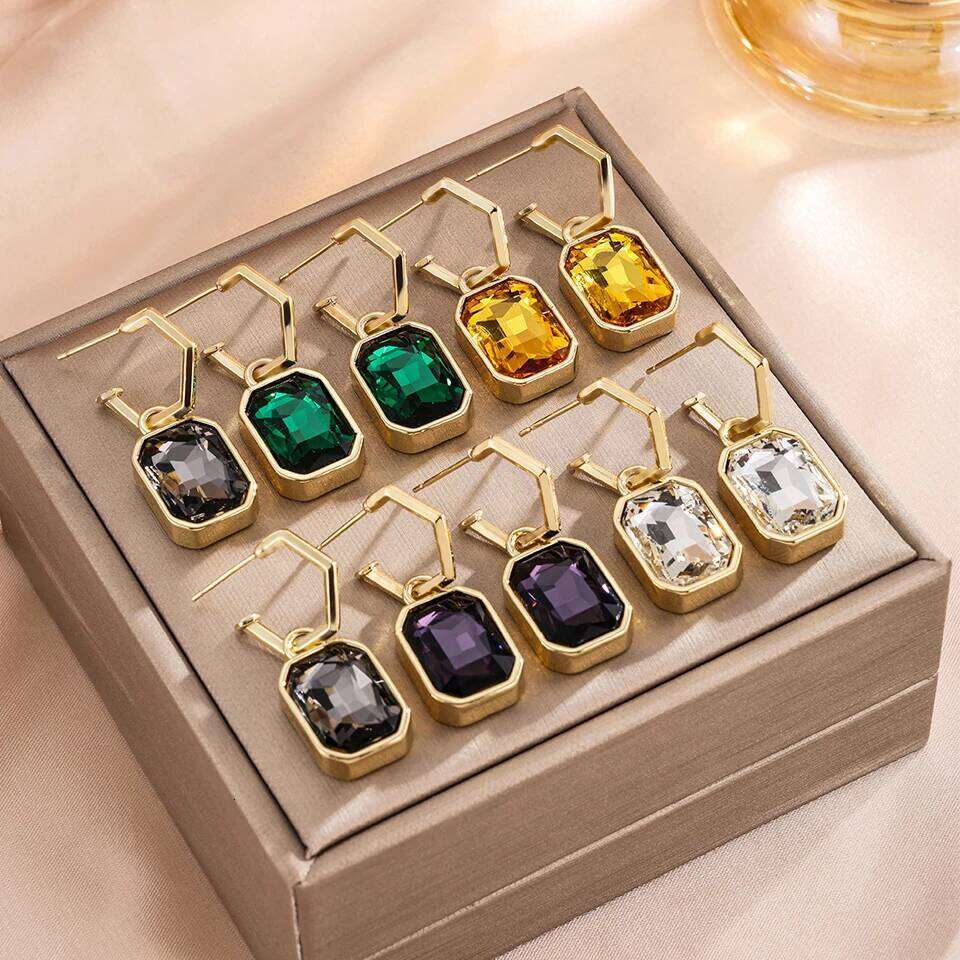 ZAKOL French Trendy Rectangular Crystal CZ Drop Earrings for Women Colorful Stone Square Fashion Party Earring Jewelry