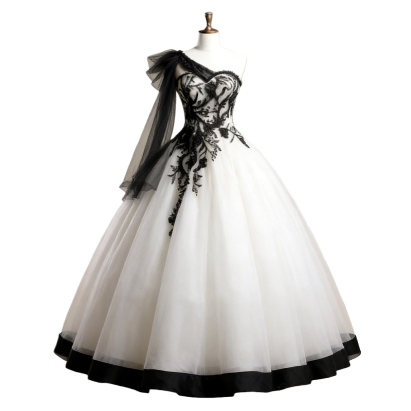 Black And White One Shoulder Wedding Dresses Gothic Ball Gown Floor Length Bridal Gowns Lace Appliques Vintage Bride Dress Back Lace-Up
