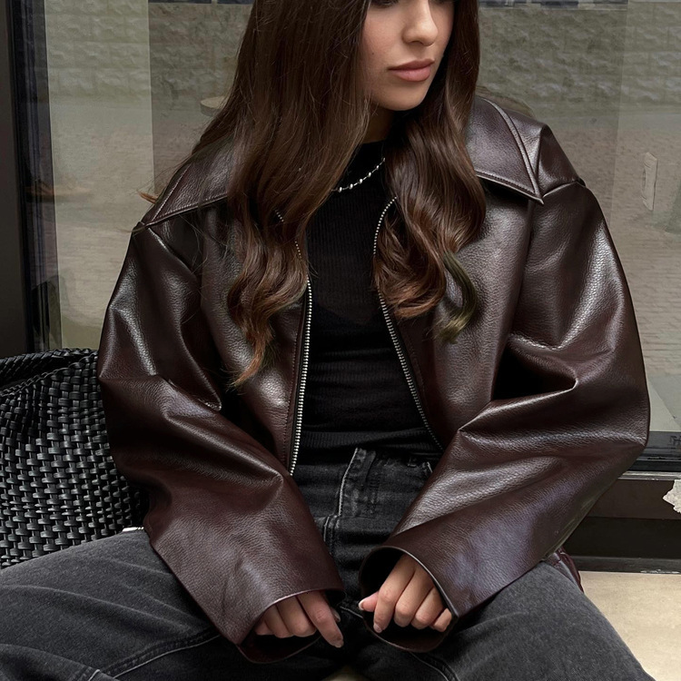 European and American Autumn Winter free shipping New Motorcycle Leather Jacket Fashion High-end Feel Cross-border Women's Loose Coat Top