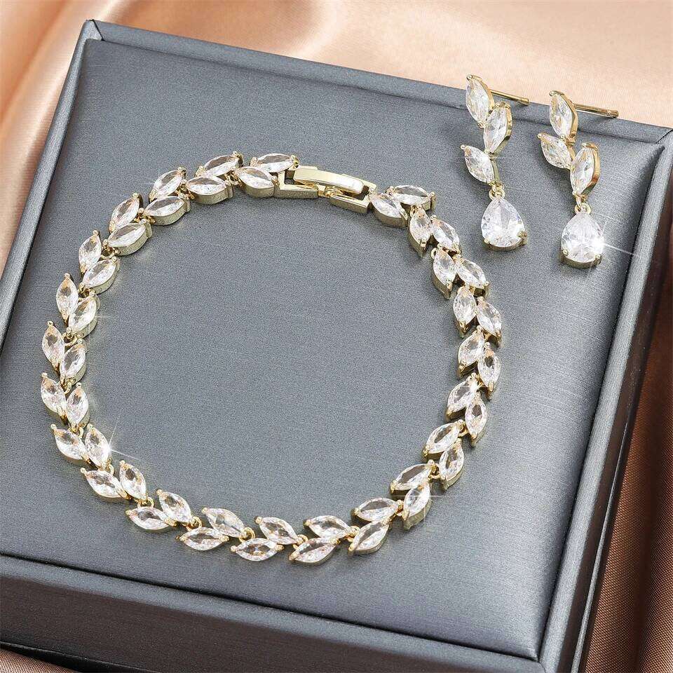 ZAKOL Brand Leaf Marquise Zircon Charm Bracelet Water Drop CZ Earrings Luxury Wedding Jewelry Set Gift For Women