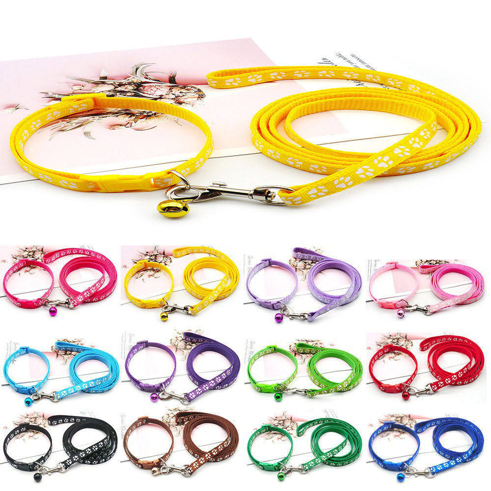 Stylish Paw Print Design Dog Cat Collar with Bell Strong Nylon Leash for Small Pets Adjustable Puppy Kitten Training Lead