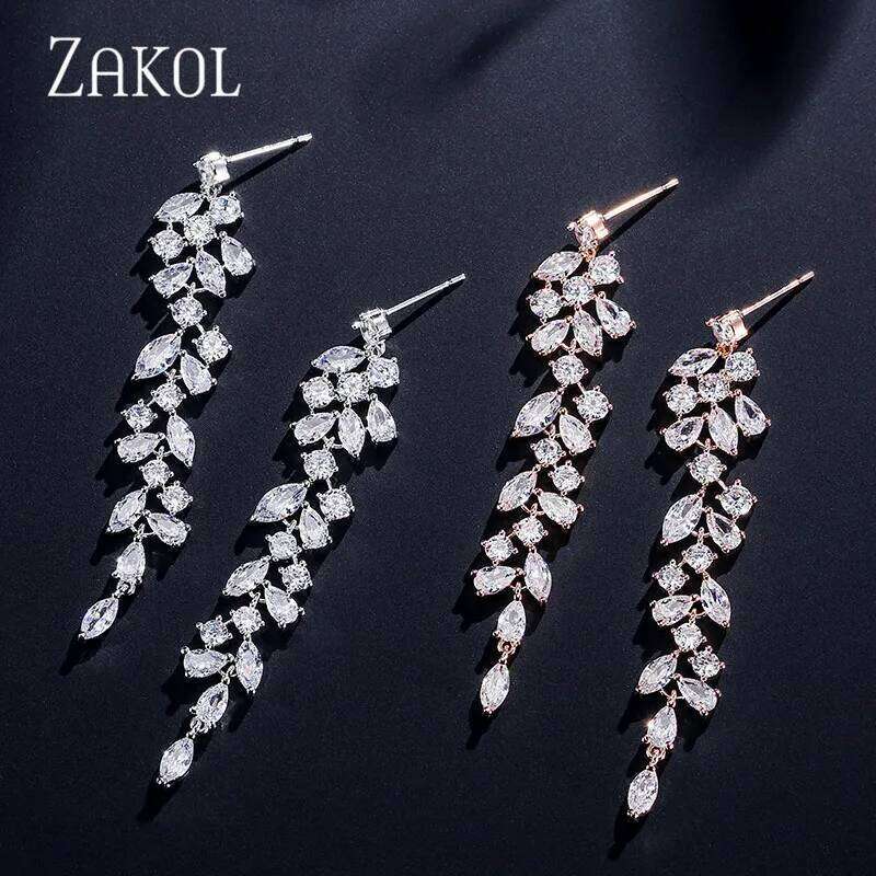 ZAKOL Fashion Cubic Zirconia Leaf Long Dangle Earrings for Elegant Women White Leaves Drop Earring Bridal Wedding Jewelry