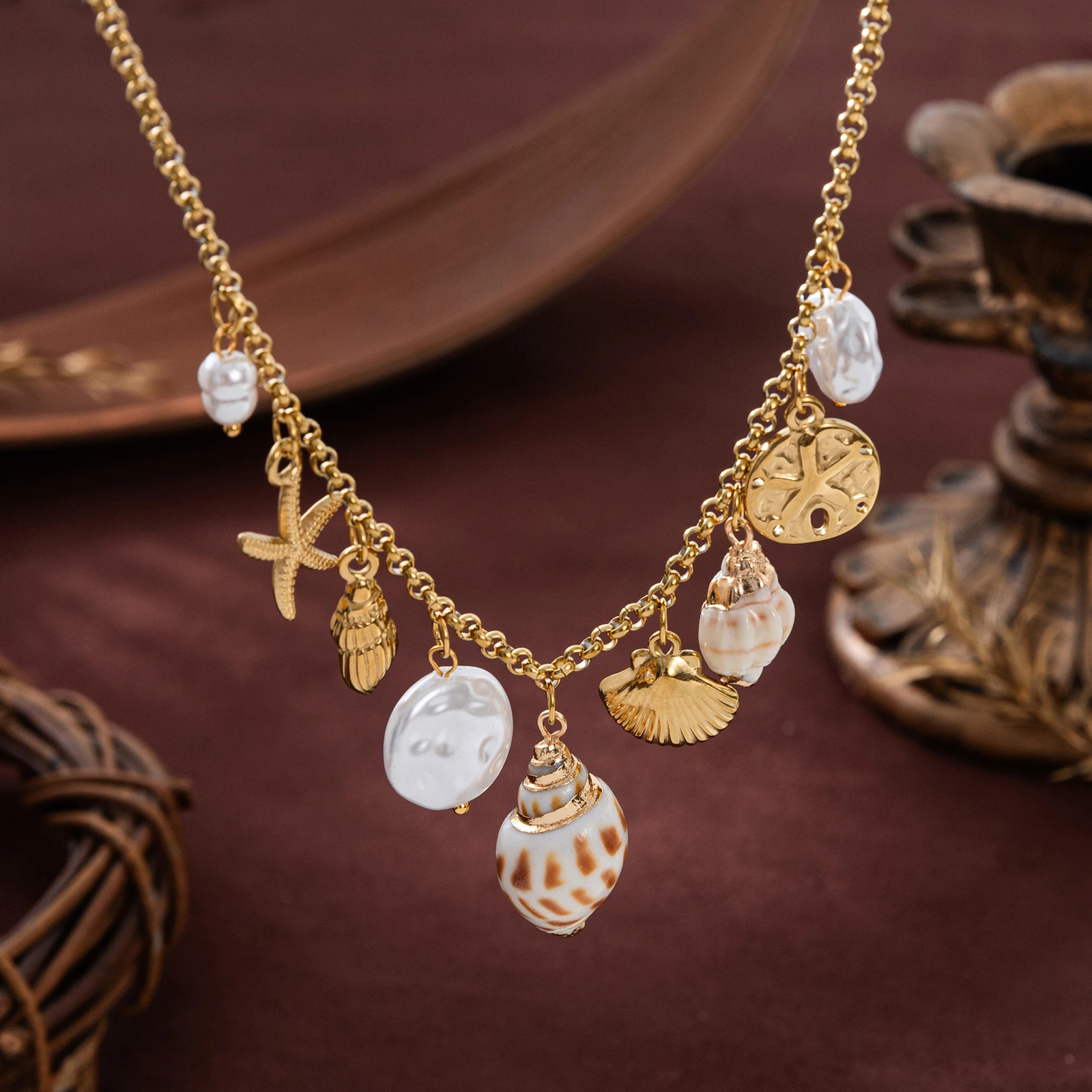 Stainless steel summer beach breeze shell starfish conch pearl necklace vacuum plated 18K gold color retention 251223