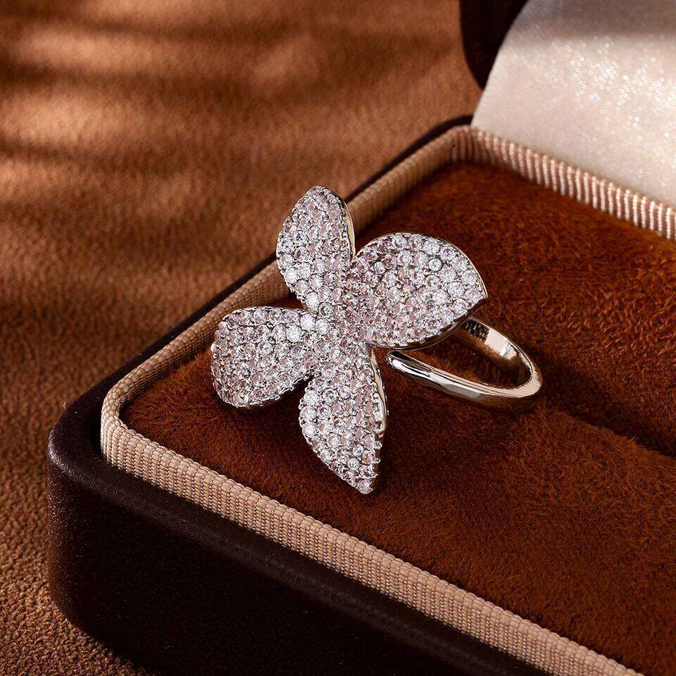ZAKOL Classic Micro-inlaid Zirconia Leaf Flower Open Rings for Women Sliver/Gold Color Engagement Wedding Party Jewelry