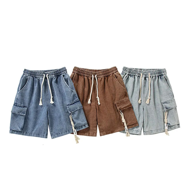Washed Work Jeans Shorts Mens Summer Straight Trousers Hip-hop Retro Casual Five Trousers Elastic Waist Shorts 251223