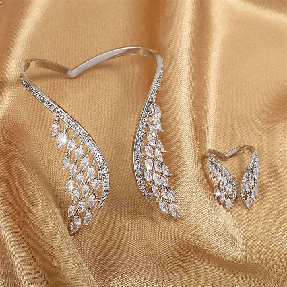 ZAKOL Luxury White Gold Color Wings Shape Cuff Bangle Ring Set for Women AAA Cubic Zirconia Bridal Women's Party Wedding Jewelry