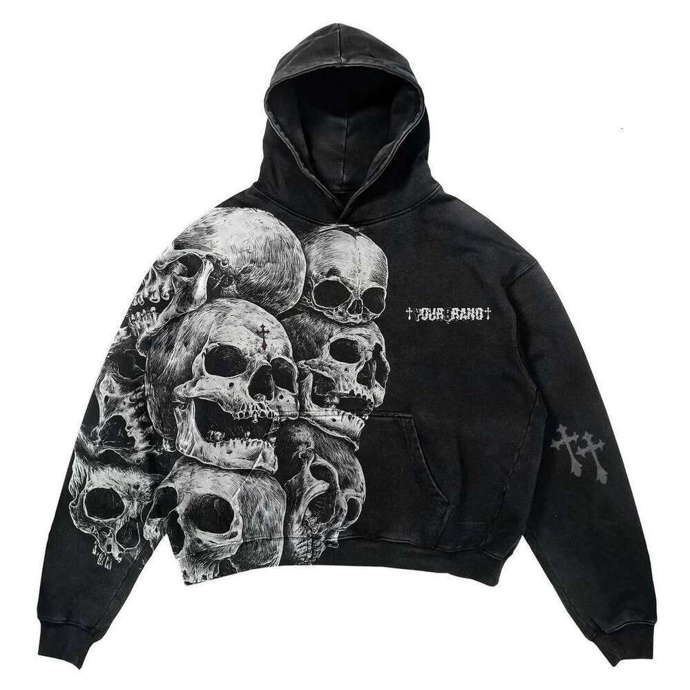 Y2K Gothic style skull print hooded pullover pure cotton sweatshirt for men and women niche personality loose daily jacket top Zhehan