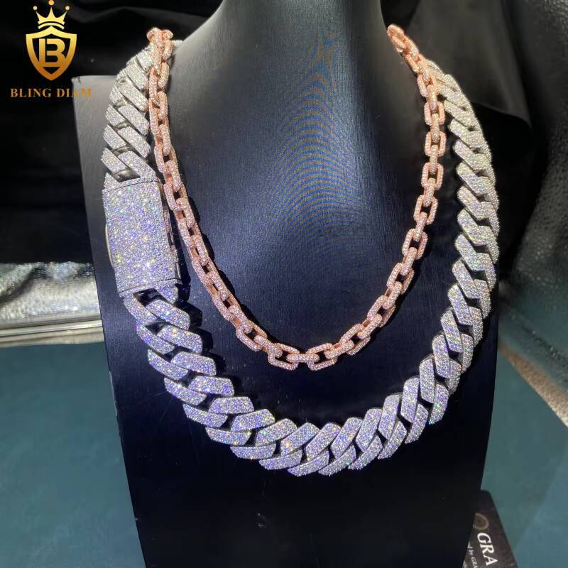 Hot Sale Iced Out Moissanite Cuban Link Chain HipHop Style 20mm 925 Silver Moissanite Cuban Chain Pass Diamond Tester GRA