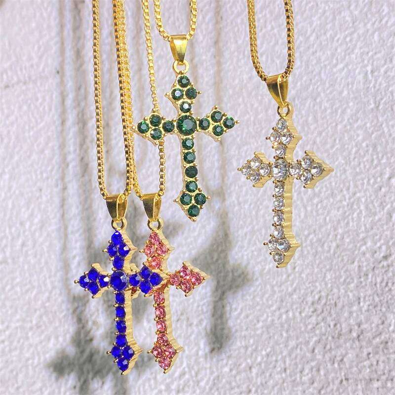 Personalized Fashion Multicolor Crystal Zirconia Cross Pendant Necklace Gold Color Chain Necklaces Unisex Party Jewelry