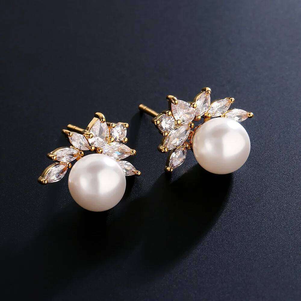 ZAKOL Exquisite Sparkling Zircon Imitation Pearl Stud Earrings for Women Girls Cute Sweet Unique Design Bridal Wedding Jewelry