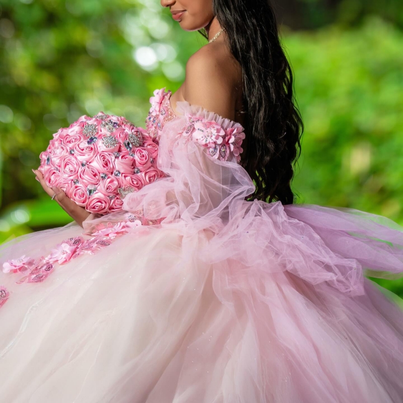Pink Quinceanera Dresses Ball Gown Off The Shoulder Applique Flower Beading Crystal Corset Party Birthday Sweet 16 Dres Vestidos 15 Anos