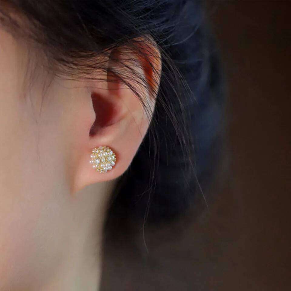 ZAKOL Simple Cute Imitation Pearl Round Flower Ball Stud Earrings Elegant Gold Color Plated Earring Jewelry Gift for Women Girls