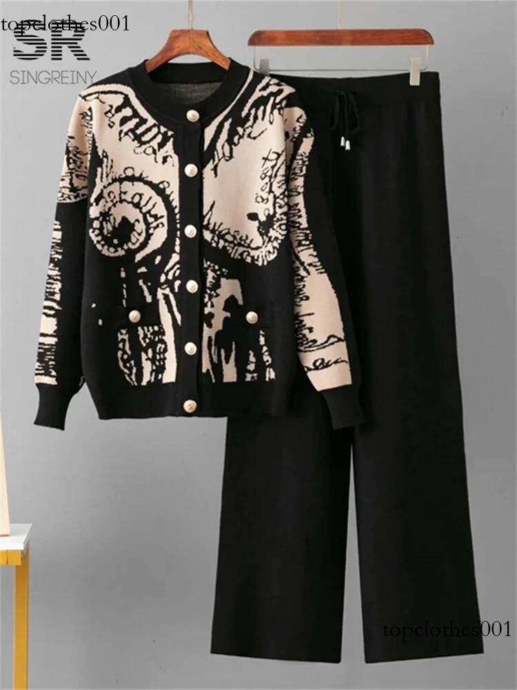 SINGREINY Jacquard Winter Knitted Suits Women Single Breasted Cadigan+Wide Leg Long Pants Autumn Casual Sports Loose 2pcs Set