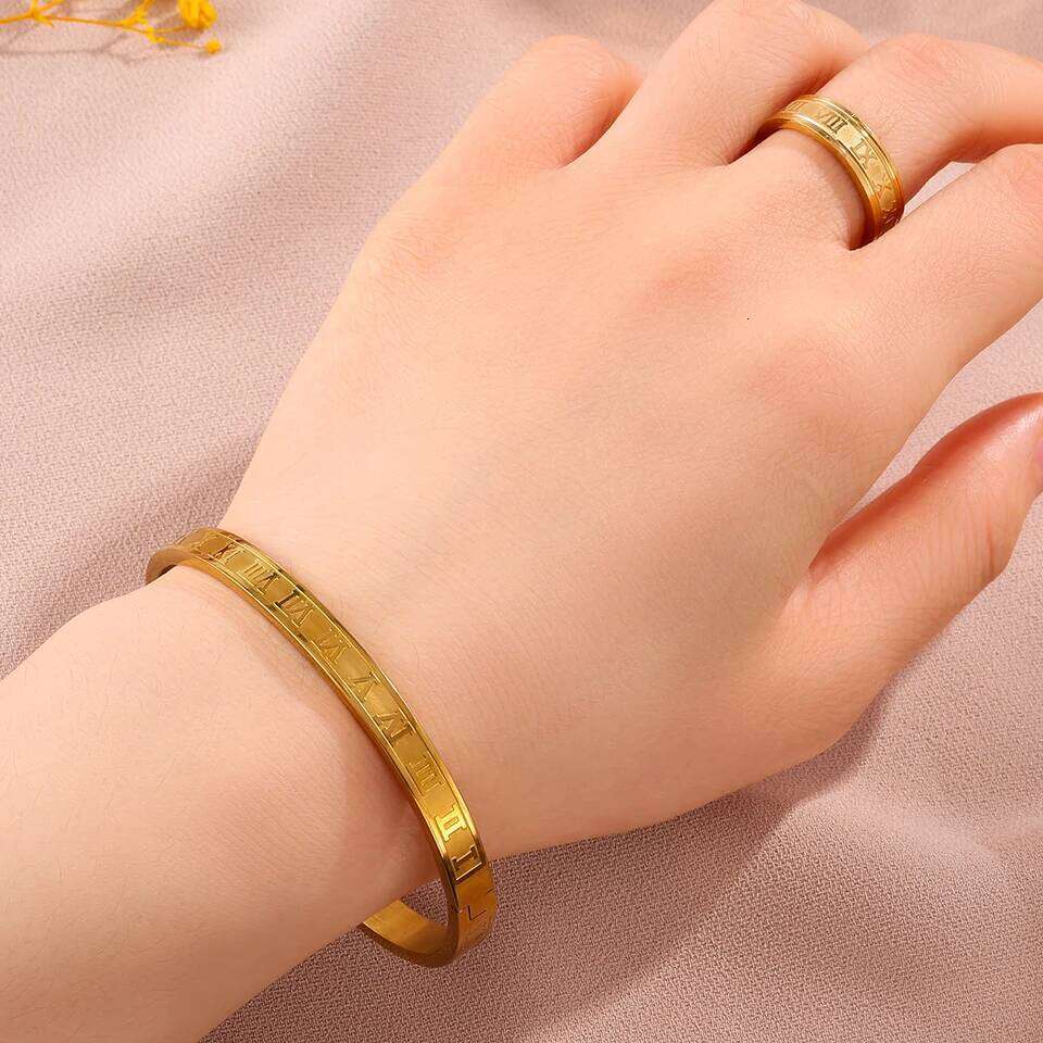 ZAKOL Trendy Roman Numeral Stainless Steel Bracelet Ring Set for Women And Men Minimalist Versatile Personalized Jewelry