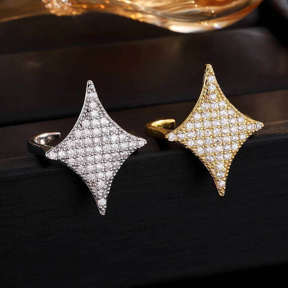 ZAKOL Advanced Four Pointed Star Open With Micro Inlaid Zirconia Ring For Women Shiny Crystal Exquisite Jewelry Gift