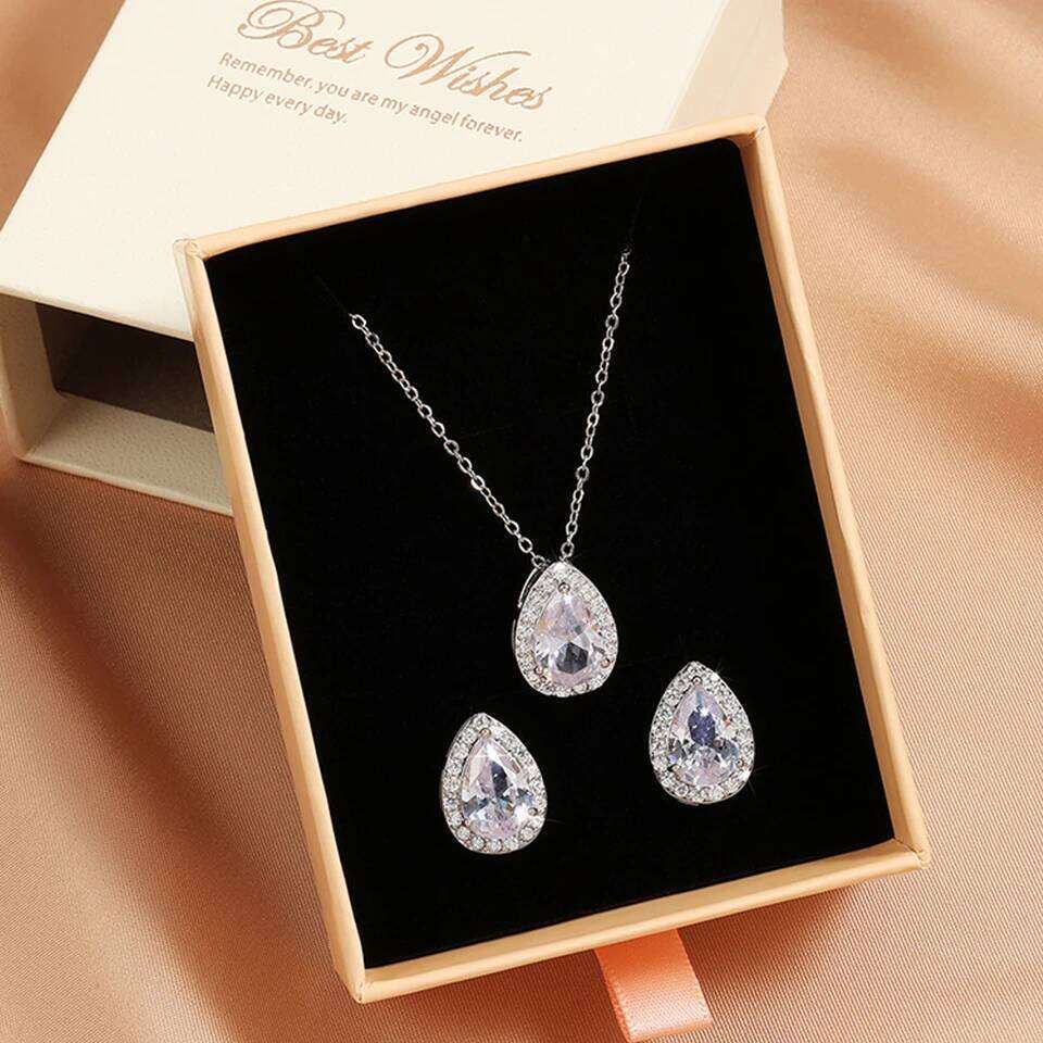 ZAKOL 2 Pcs Classic Water Drop Zircon Earring Necklaces for Women Luxury Shiny Crystal Wedding Jewelry With Gift Box
