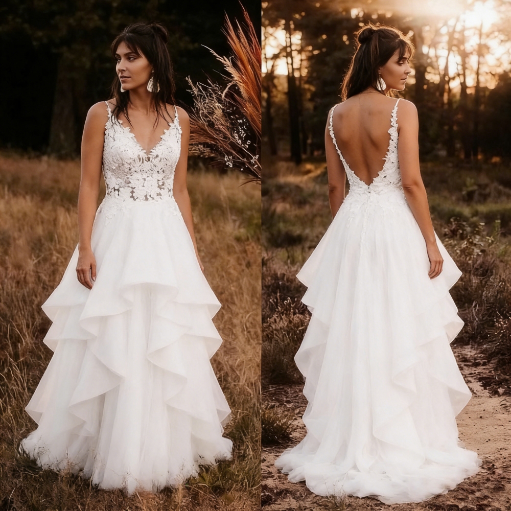 Spaghetti Straps A-Line Boho Wedding Dresses Lace Appliques Backless Beach Bridal Gowns V-Neck Ivory Tulle Bride Dress Sweep Train Country Vestidos De