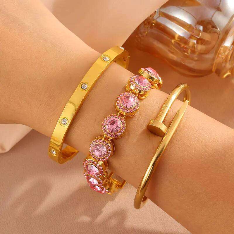 ZAKOL 3-Piece Set Shiny Heart Rhinestone Stainless Steel Bangles Hip Hop Rock Fashion Stackable Bracelet Jewelry