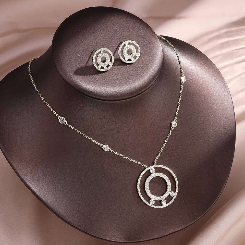 ZAKOL New Buling Two Hollow Circles Zircon Pendant Necklace Earrings for Women Elegant Party Weddding Jewelry Set