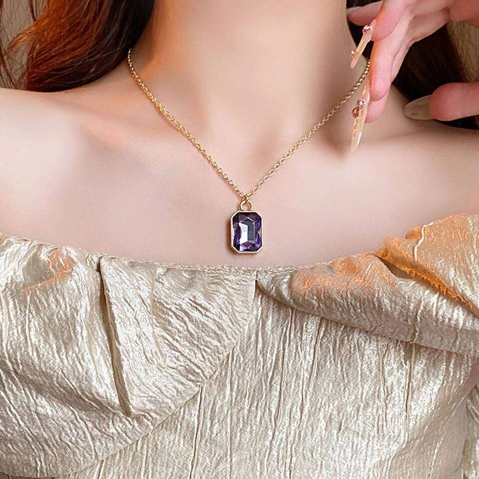 ZAKOL Green Purple Big Square Crystal CZ Pendant Necklace for Women Gold Color Chain Neckalces Collar Jewelry Gift