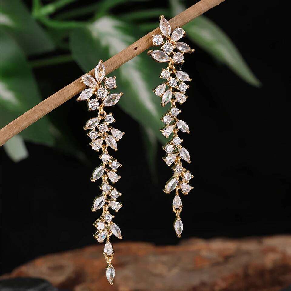 ZAKOL AAA Cubic Zirconia Leaf Long Dangle Earrings for Women Elegant Bridal Wedding Engagement Ear Accessories