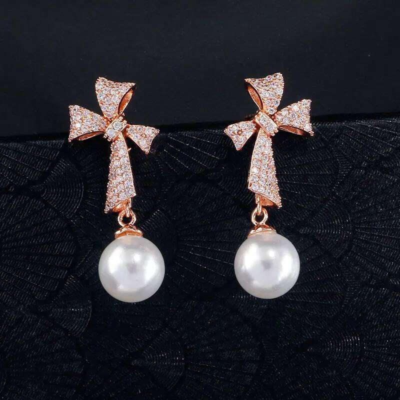 ZAKOL Simple New Trendy Korean Bow Zircon Pearl Drop Earrings for Women Luxury Engagement Wedding Jewelry Wholesale