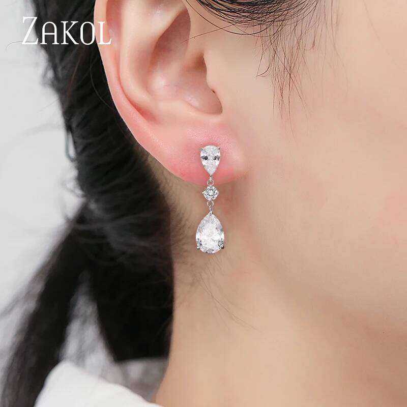 ZAKOL Shinny Zircon Teardrop Dangle Earring for Women Fashion White Gold Color Bridal Earrings Wedding Jewelry