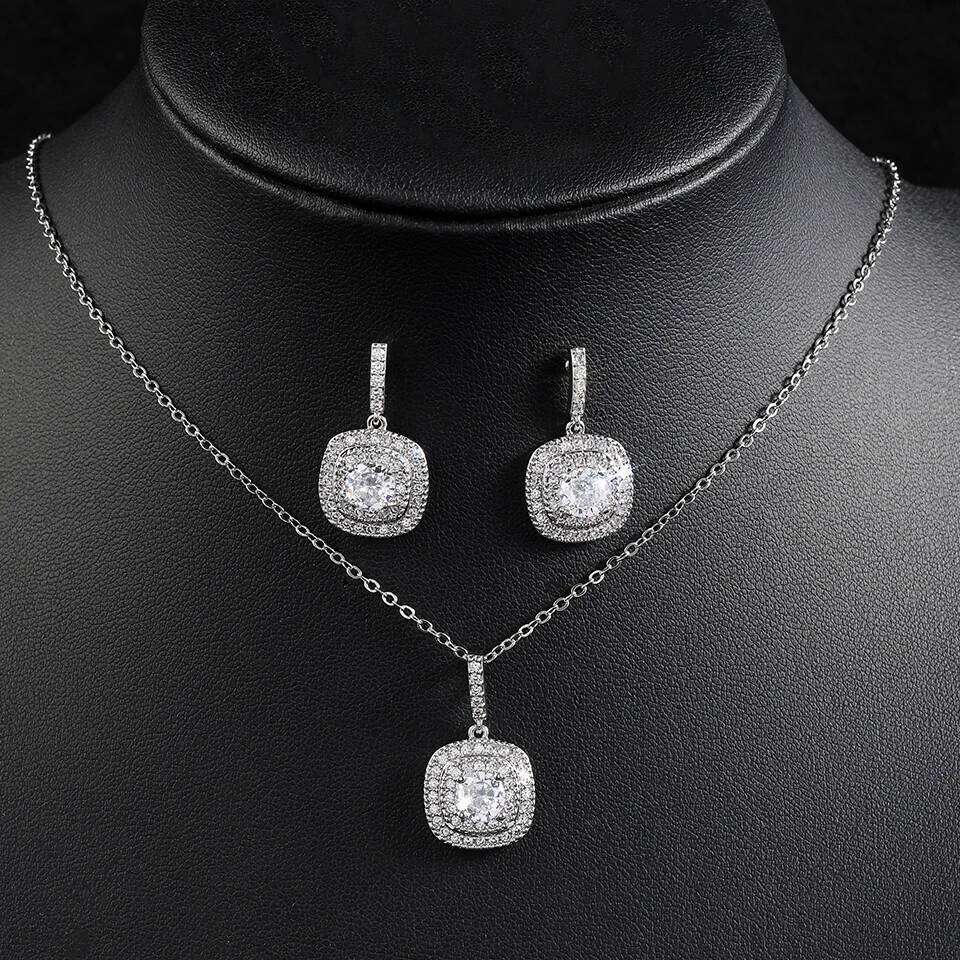 ZAKOL Classic Geometric Cubic Zirconia Earring Necklace Set for Women Shiny Zircon Square Sliver Color Wedding Party Jewelry