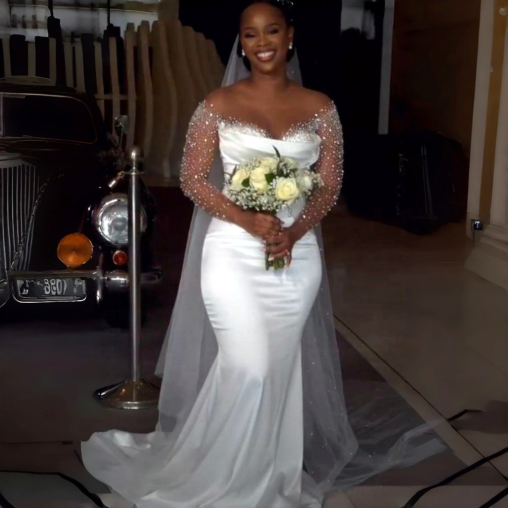 Elegant African White Mermaid Wedding Dresses Beaded Long Sleeves Satin Bridal Gown Customized Robe de mariee Court Train