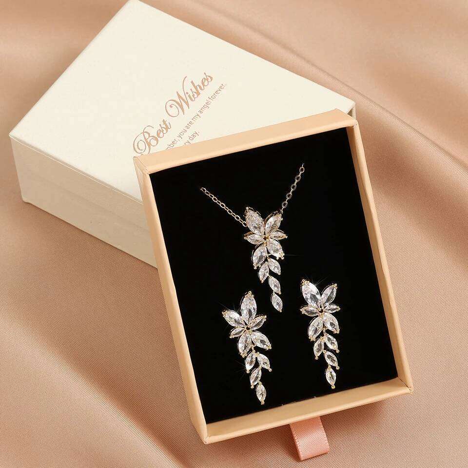ZAKOL Brand Classic AAA Zircon Leaf Tassel Earring Necklace Sets With Box Exquisite Anniversary Birthday Wedding Jewelry Gift