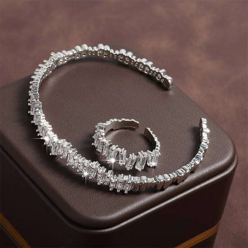 ZAKOL Fashion Adjustable Open Bangle Ring Wedding Jewelry Sets for Women Elegant Shiny AAA Cubic Zirconia Accessories Gift