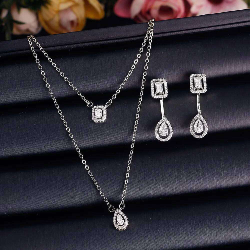 ZAKOL Classic Square Teardrop Shaped Zircon Double Pendant Necklace Earrings For Women Fashion Saudi Wedding Party Jewelry