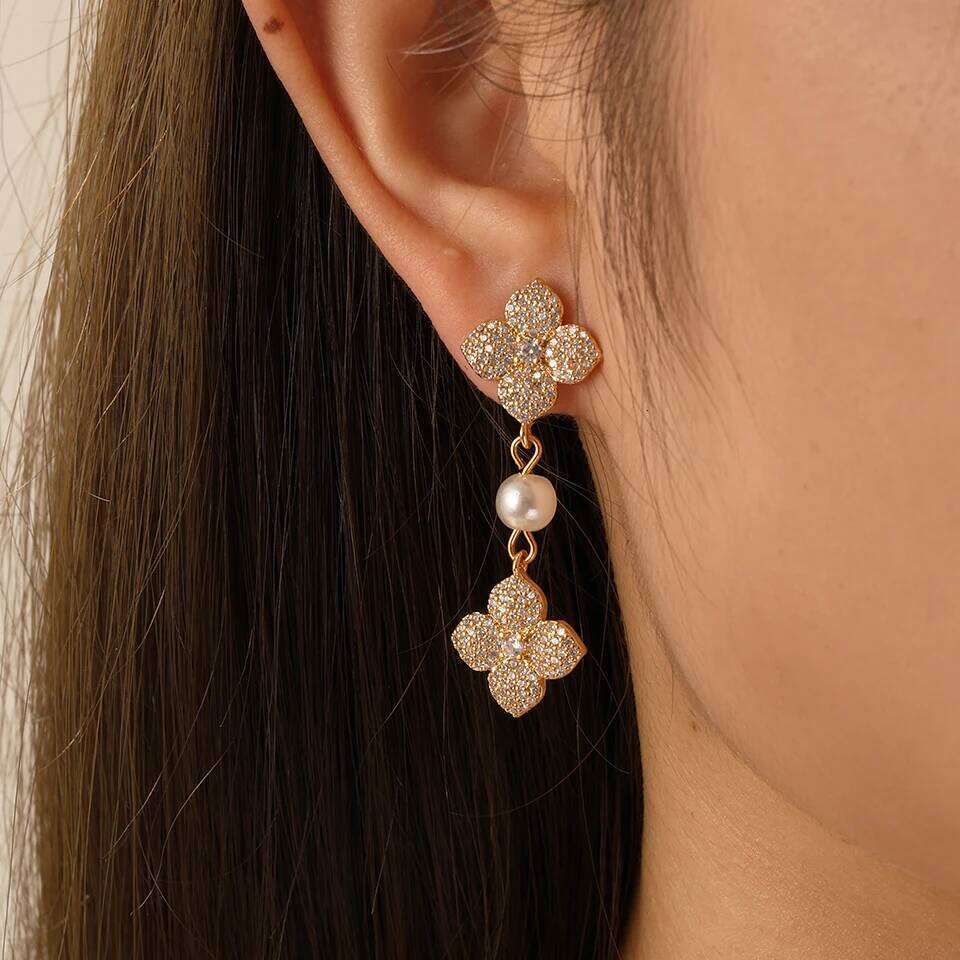 ZAKOL New Shiny Micropaved Zirconia Leaf Flower Drop Earring Imitation Pearl Glamor Bridal Earrings Women's Wedding Jewelry